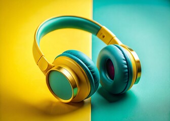 Naklejka premium Teal and Yellow Wireless Headphones on a Dual-Colored Background Showcasing Modern Audio Technology in a Minimalist and Vibrant Style for Product Photography