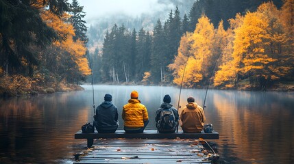 Group of friends fishing by a calm lake, sitting on a dock with fishing rods, surrounded by serene nature, peaceful and fun experience