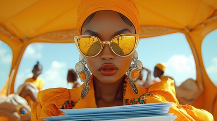 Naklejka premium Stunning Woman in Bright Orange Attire with Bold Sunglasses and Vibrant Accessories Poses Confidently Against a Sunny Background