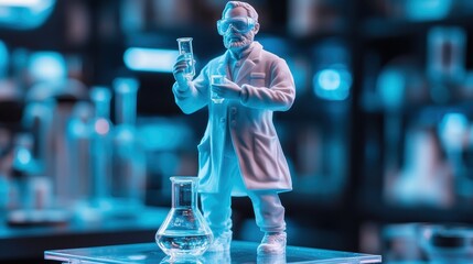 Futuristic Scientist in Laboratory with Neon Blue Lighting Holding Beaker and Wearing Protective Gear