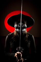 A woman in a mask and Japanese traditional headdress sugegasa poses with a samurai sword. Japanese culture concept. Samurai. Katana.