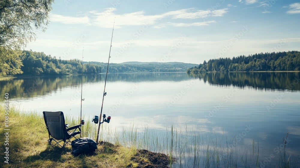 Poster a tidy fishing setup with rods and tackle neatly arranged beside a calm lake, a serene lakeside with