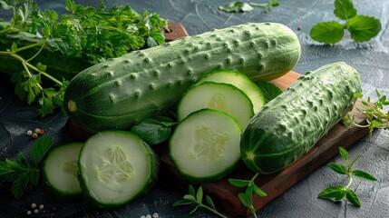 Fresh Cucumbers on Wooden Board with Herb Garnish