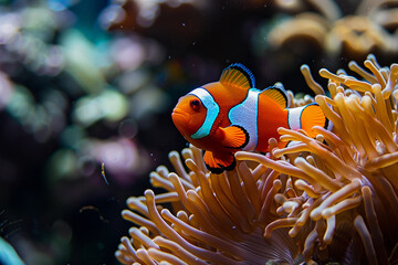 Fantastically beautiful bright clownfish swims in deep sea among corals