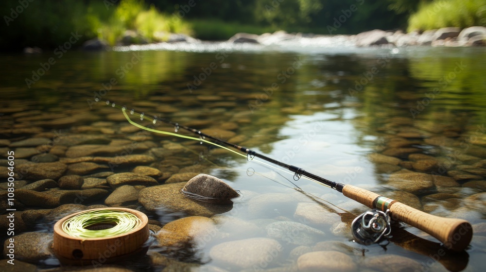 Poster a tidy fly fishing setup with rods and flies neatly placed by a clear stream, a peaceful riverside w