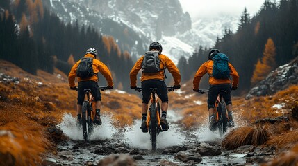 Friends riding mountain bikes on a dirt trail, dynamic movement and energy, rugged landscapes and challenging terrain