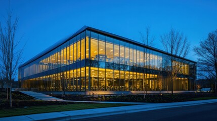 Obraz premium Nighttime exterior view of a modern glass building with golden interior lights reflecting on windows
