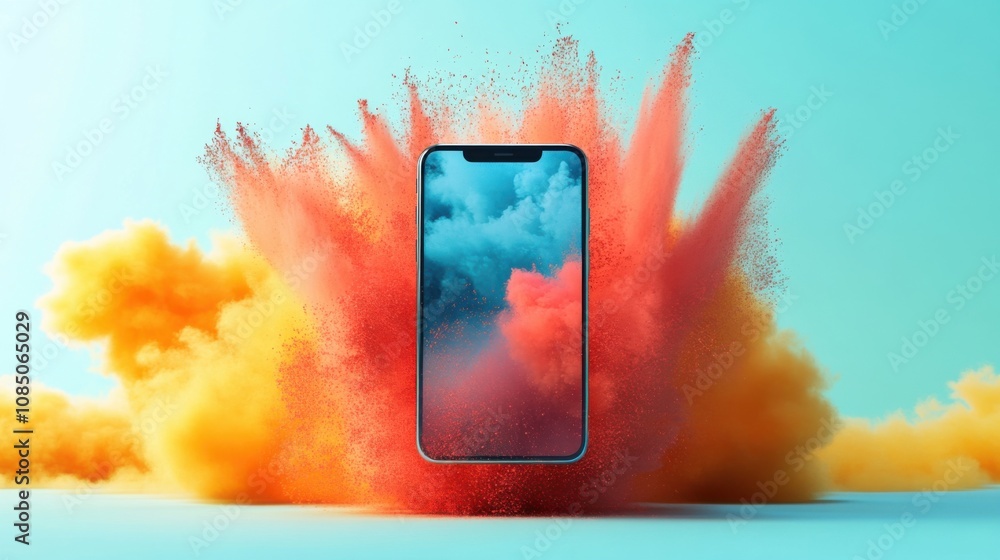 Poster 3d phone mockup with an explosion of color, depicting a mobile interaction concept with user touch