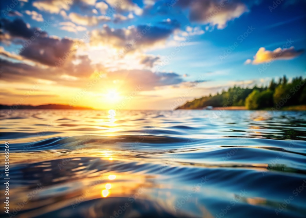 Poster tranquil water surface with gentle ripples and waves, captured in a tilt-shift style to create a dre