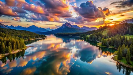 Tranquil Sunset Over a Mountain Lake with Stunning Reflections and Serene Surroundings, Perfect for Nature Lovers and Landscape Photography Enthusiasts