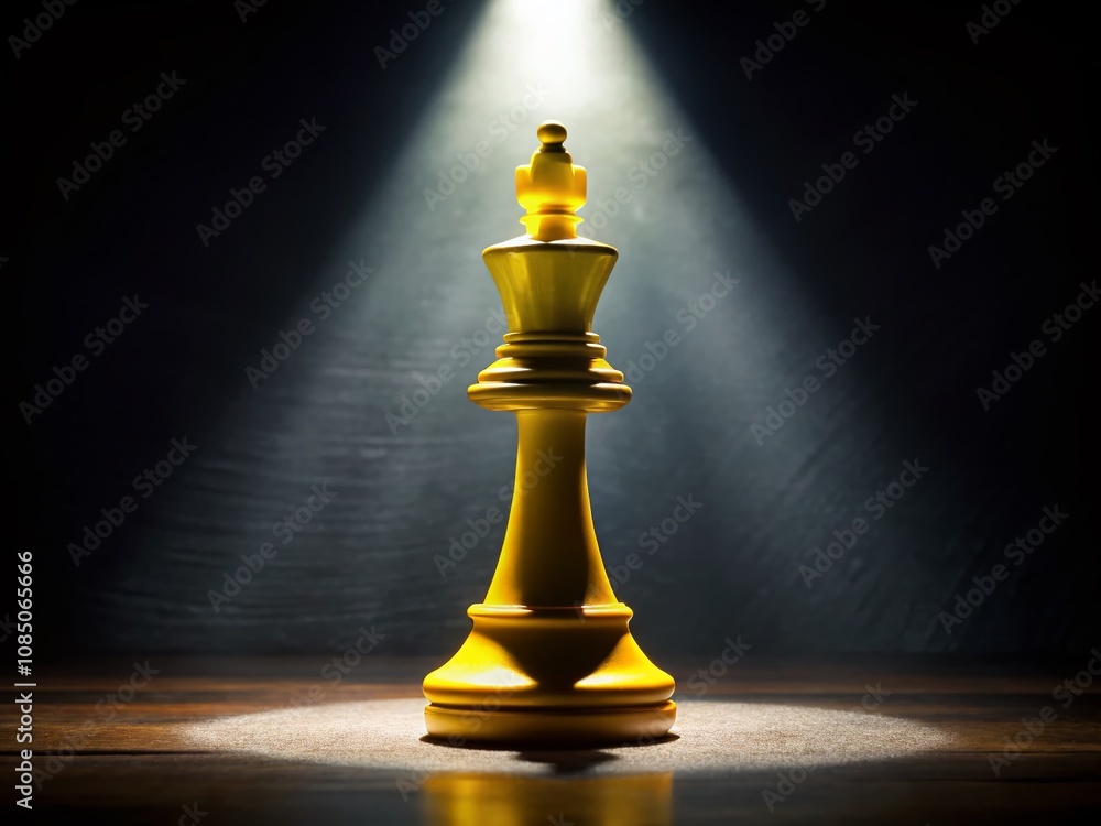 Poster unveiling strategy: silhouette of a yellow chess piece illuminated by a single spotlight in a dimly 