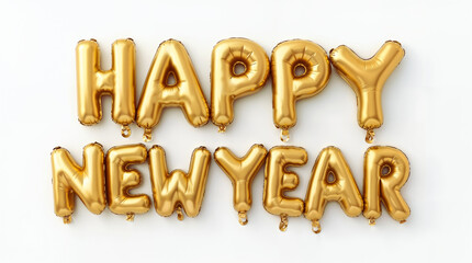 Happy New Year typography, Golden foil Balloons on White isolated background