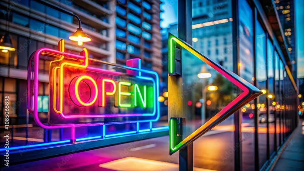 Poster urban exploration photography featuring a gradient arrow sign with open text on a minimalistic backg