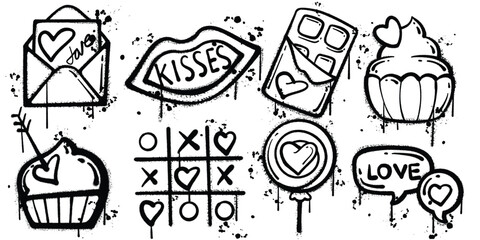 Set of graffiti spray paint valentines elements vector illustration