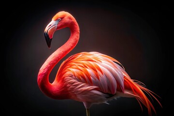 Fototapeta premium Stunning Portrait of a Majestic Flamingo Against a Dramatic Black Background, Showcasing Its Graceful Features and Vibrant Colors in Urban Exploration Photography Style