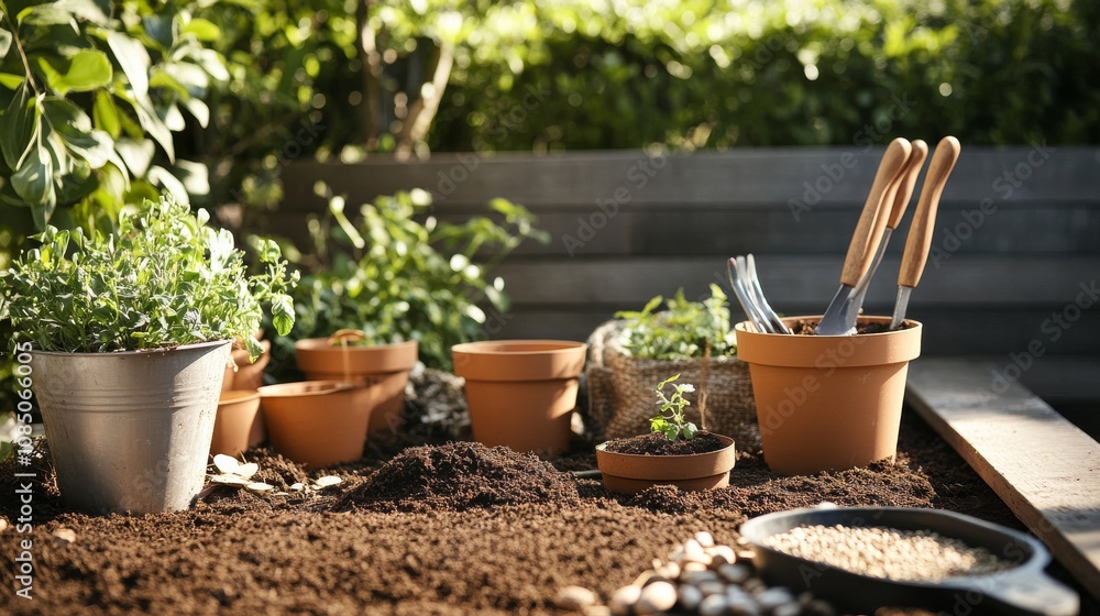 Poster a tidy gardening setup with neatly placed seeds, pots, and tools ready for planting