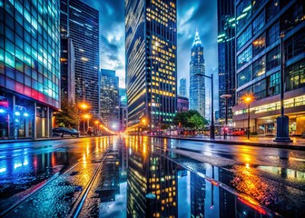 Stunning Skyscraper Reflections on Wet Urban Street During Rainy Night – A Captivating Blend of Architecture and Atmospheric Conditions in a Vibrant Cityscape