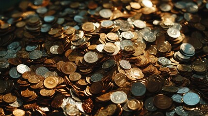 Cash bundles and coins scattered around for a theme of money management