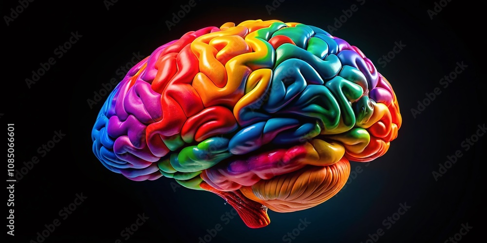 Poster vibrant and colorful human brain on a black background with ample copy space for creative projects a