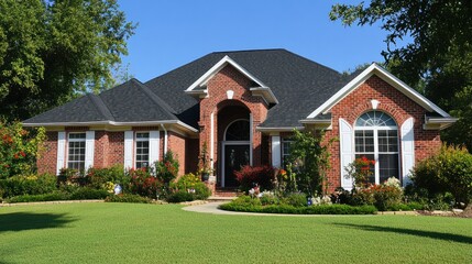 Brick home with white shutters framing windows, adding brightness to the exterior