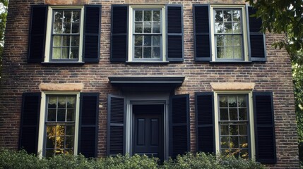Fototapeta premium Brick house with black shutters framing the windows, adding contrast to the traditional facade