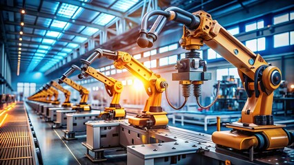 Tilt-Shift Photography of Robotic Arms Working on Advanced Manufacturing Tasks in a Futuristic Factory Setting, Showcasing Precision and Automation in Modern Industry