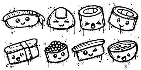 Set of graffiti spray paint japanese food illustration elements vector