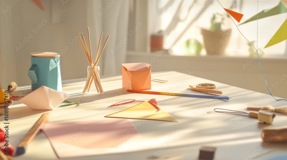 Aufkleber A tidy kite crafting table with paper, sticks, and string neatly placed