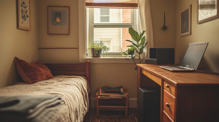 Fototapeta premium Cozy basement apartment with natural light from a small window, featuring a comfortable bed, a simple wooden desk with a laptop, and minimal decor highlighting simplicity and functionality.