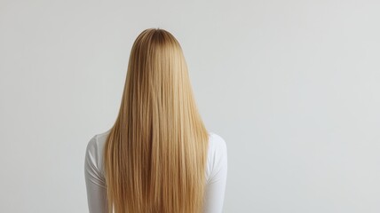 Naklejka premium Beautiful model girl with blond hair strand,silky healthy chestnut wavy golden hair strand,hair wavy ribbon,Keratin straightening,Treatment,straight long hair,procedures,Smooth hairstyle.