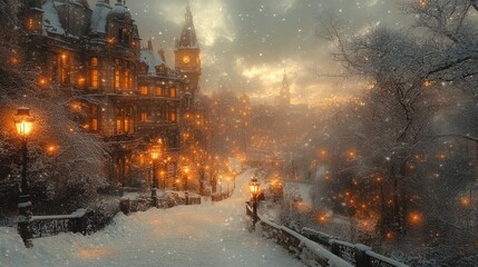 Enchanted Winter Wonderland at Dusk with Illuminated Buildings and Softly Falling Snowflakes...