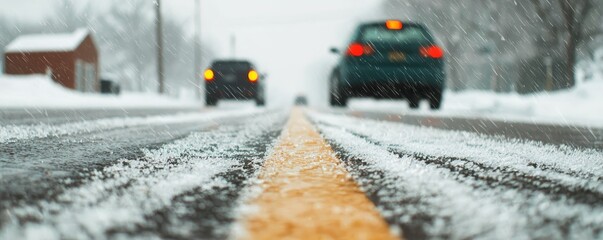 Freezing rain ice surface, A snowy road scene with two cars navigating through winter conditions, highlighting the challenges of driving in inclement weather.