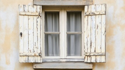 Fototapeta premium Close-up of vintage shutters with distressed paint on an old home window