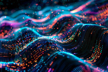 An energetic visualization of stock market performance with neon digital waves and light patterns -