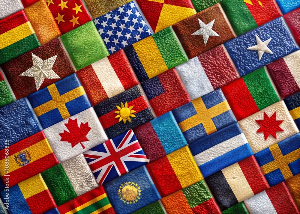 Poster vibrant macro photography of country flags set displayed on textured background with vivid colors an