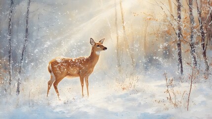 Serene Winter Landscape Featuring a Graceful Deer in Snow-Covered Forest with Gentle Sunlight Illuminating the Scene