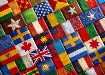 Vibrant Macro Photography of Country Flags Set Displayed on Textured Background with Vivid Colors and Intricate Details Highlighting Cultural Diversity and Unity Among Nations