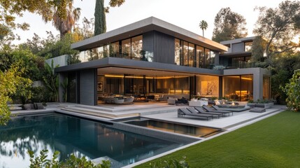 Fototapeta premium Contemporary house with gray shutters and large glass windows, highlighting minimalist design