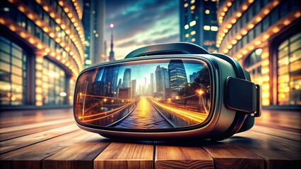 Vintage Style Photography of a Futuristic Virtual Reality Headset with Digital Display on a Sleek, Modern Surface, Capturing the Intersection of Technology and Nostalgia
