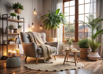 Fototapeta premium Warm Neutral Living Space Featuring Cozy Armchair and Knit Throw, Ideal for Relaxation and Comfort in Modern Interior Design, Perfect for Home Decor Inspiration and Cozy Atmosphere