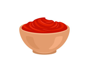 Red tomato sauce in bowl isolated on white background. Vector cartoon flat illustration. Food icon.