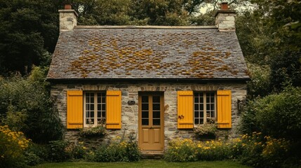 Fototapeta premium Cozy cottage with soft yellow shutters on windows, creating a warm and inviting look