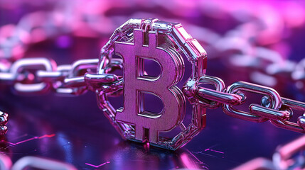 digital representation of Bitcoin symbol connected to chain, symbolizing security and blockchain technology. vibrant colors create futuristic feel