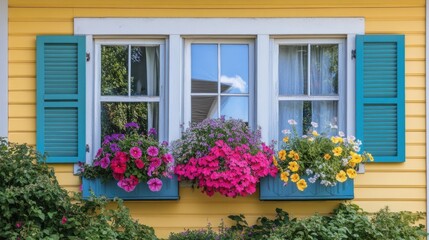 Cozy home with colorful shutters and flower boxes, creating a cheerful and vibrant appearance