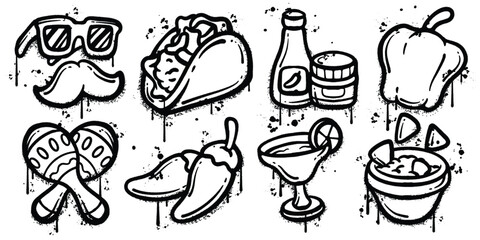 Set of graffiti spray paint mexico traditional food elements vector illustration