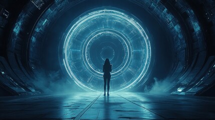 Mysterious Figure Silhouetted Against a Futuristic Portal with Illuminated Circles, Evoking a Sense of Wonder and Adventure in a Sci-Fi Environment