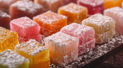 A closeup of assorted Turkish delight cubes dusted with powdered sugar, featuring vibrant colors like pink, yellow, and green, with a background of marble