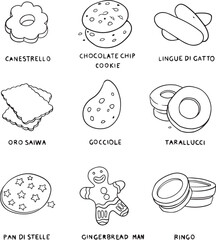 Cookies and biscuits set isolated on white background. Sweet food. Vector hand-drawn illustration in doodle style. Perfect for decorations, logo, menu, various designs. Vector set