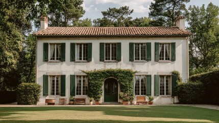 Obraz premium French country home with dark green shutters, adding an elegant touch to classic architecture
