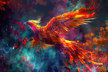 Fantastically beautiful mythological bird phoenix from bright fire